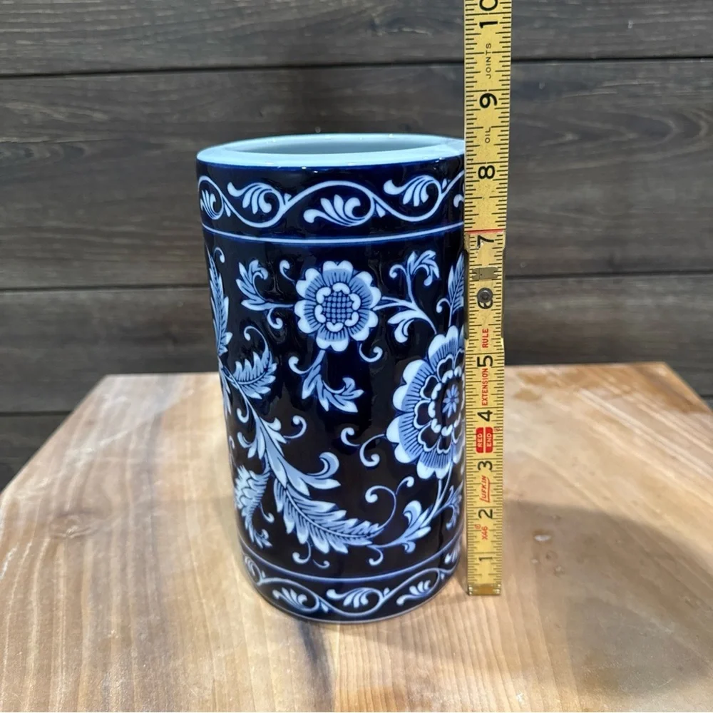 Pier 1 Navy and White Floral Ceramic Utensil holder/ Vase